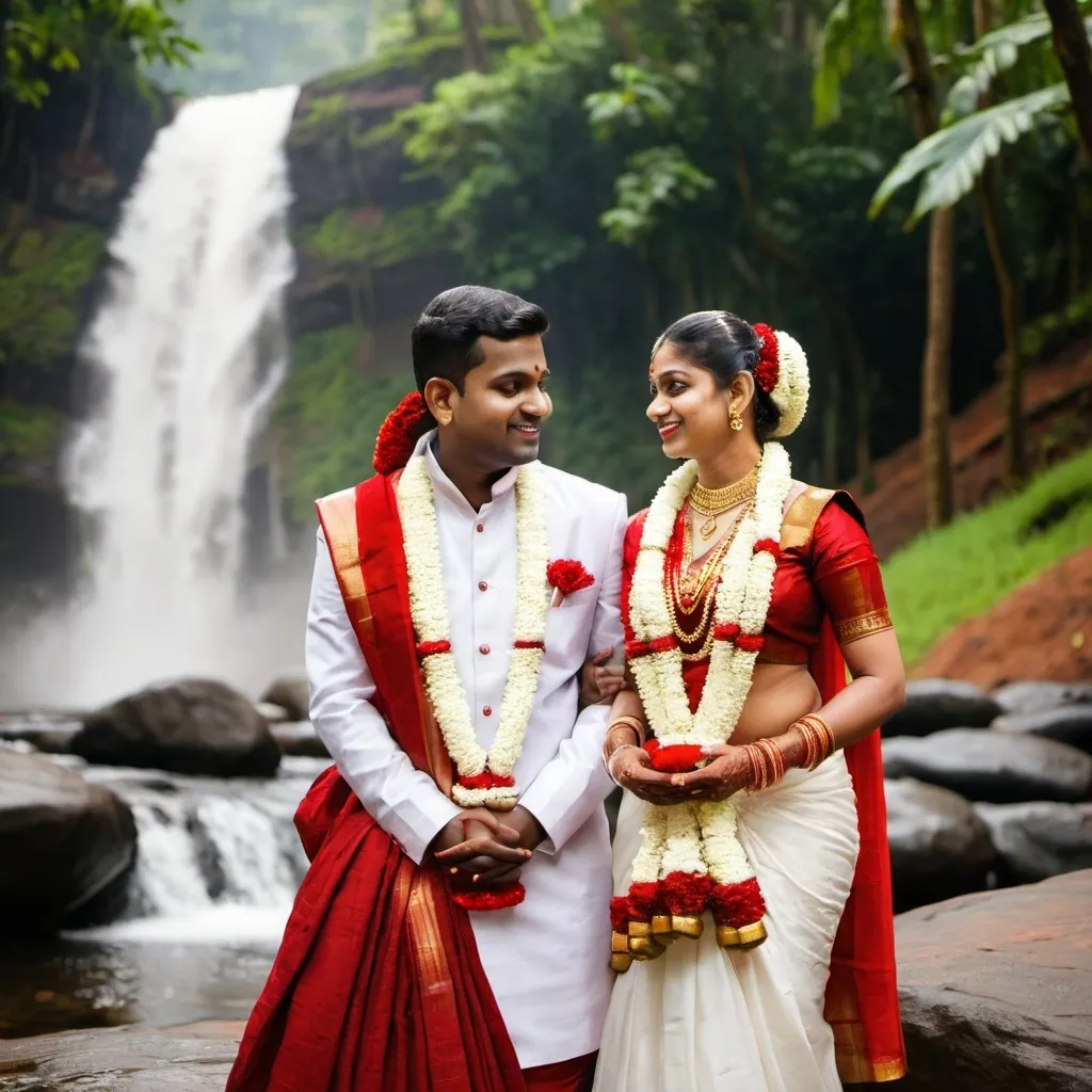 Prompt: Kerala traditional wedding with groom on white and bride on red traditional dress near waterfall
