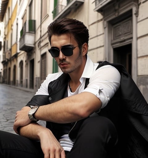 Prompt: a man with sunglasses, wearing a white shirt and black pants and a black jacket, handsome, a picture Italian