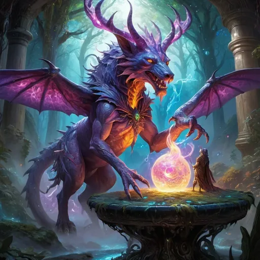 Prompt: Magic the Gathering wallpaper, mystical creatures, intricate magical spells, vibrant and surreal, fantasy setting, high level of detail, digital painting, rich color palette, enchanting lighting, otherworldly atmosphere, highres, ultra-detailed, fantasy, surreal, magical, digital painting, vibrant colors, mystical creatures, intricate spells, fantasy setting, enchanting lighting