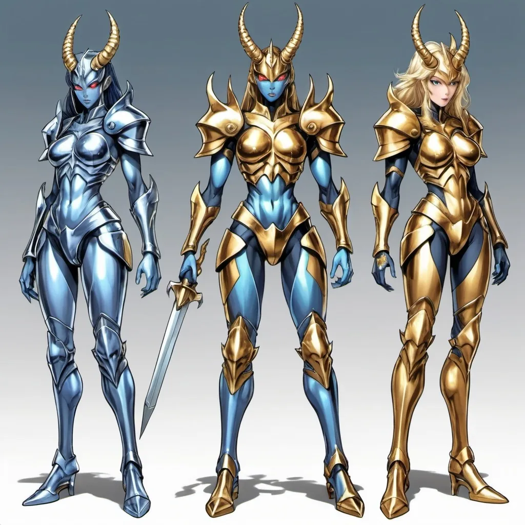 Prompt: Full body colored manga pictures; bluish chrome gold insectoid armored woman fighter,  goddess race, unicorn horn or crystal horns, beast claws footwear