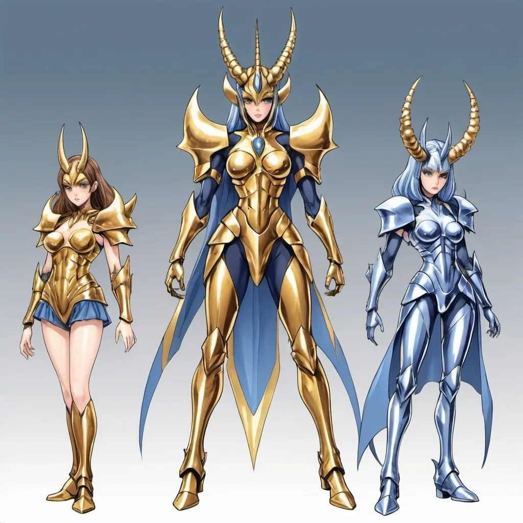 Prompt: Full body colored manga pictures; bluish chrome gold insectoid armored woman fighter,  goddess race, unicorn horn or crystal horns, beast claws footwear