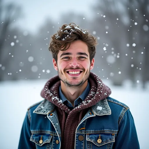 Prompt: 1. 22 year old American man, hairy, casual clothes, snowflakes falling, playful expression, winter wonderland, Ultra Realistic, National Geographic, iPhone 16 Pro Max, standard lens, f/2.8, morning, candid snapshot, color film --v4 --ar 16:9 2. 22 year old American man, hairy, cozy sweater, snow-covered ground, warm smile, serene atmosphere, Ultra Realistic, National Geographic, iPhone 16 Pro Max, wide-angle lens, f/4, afternoon, portrait style, color film --v4 --ar 16:9 3. 22 year old American man, hairy, casual look, snowball in hand, cheerful mood, frosty landscape, Ultra Realistic, National Geographic, iPhone 16 Pro Max, telephoto lens, f/3.5, late afternoon, lifestyle photography, color film --v4 --ar 16:9 4. 22 year old American man, hairy, denim jacket, heavy snowfall, focused expression, chilly environment, Ultra Realistic, National Geographic, iPhone 16 Pro Max, macro lens, f/2.0, evening, street style, color film --v4 --ar 16:9 5. 22 year old American man, hairy, hoodie and jeans, standing in snow, delighted grin, vibrant ambiance, Ultra Realistic, National Geographic, iPhone 16 Pro Max, fish-eye lens, f/5.6, midday, dynamic shot, color film --v4 --ar 16:9