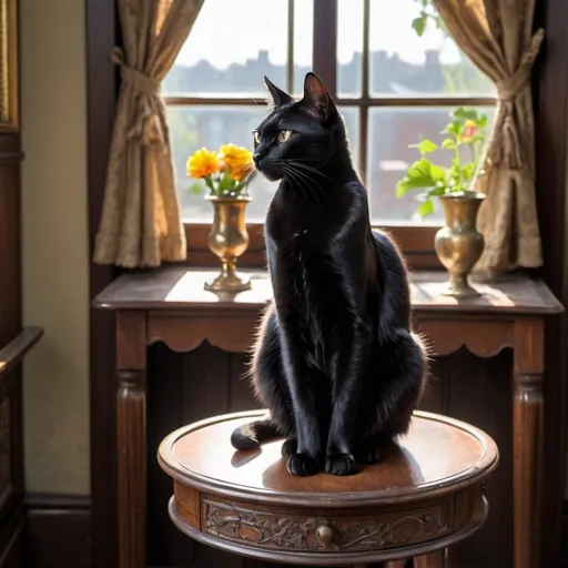 Prompt: thin black cat sitting on a Victorian side table with his back to the sun