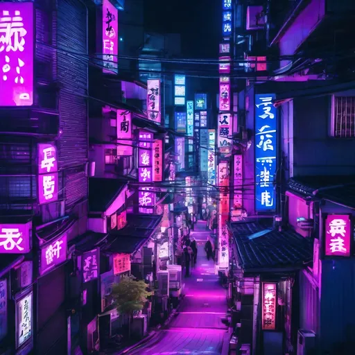 Prompt: japanese metropolis, purple and blue light neon, tokyo streets, traditional street, skyscrapers, cyber punk style, high view, insert typical japanese things in the photo, ninja cat signboard, more lighs,