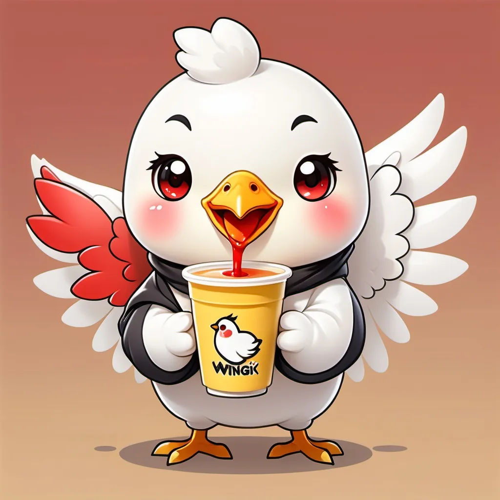 Prompt: a cute anime girl mascot white chicken in a yellow wings with a red cheeks holding and drinking a milk tea on her right yellow wings in a transparent milk tea cup with a black pearl on it with a red logo named WingChix & Tea