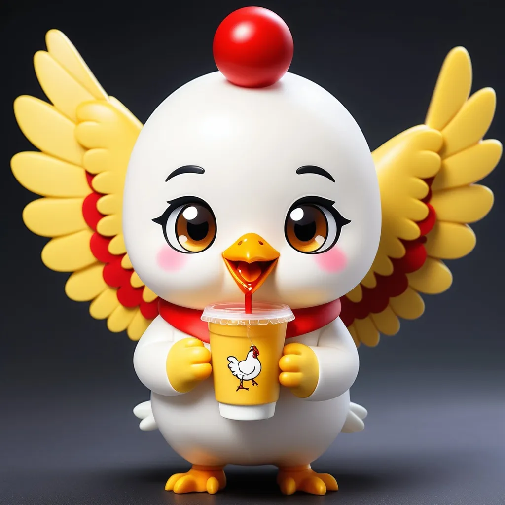 Prompt: a cute anime girl mascot white chicken in a yellow wings with a red cheeks holding and drinking a milk tea on her right yellow wings in a transparent milk tea cup with a black pearl on it with a red logo Milktea