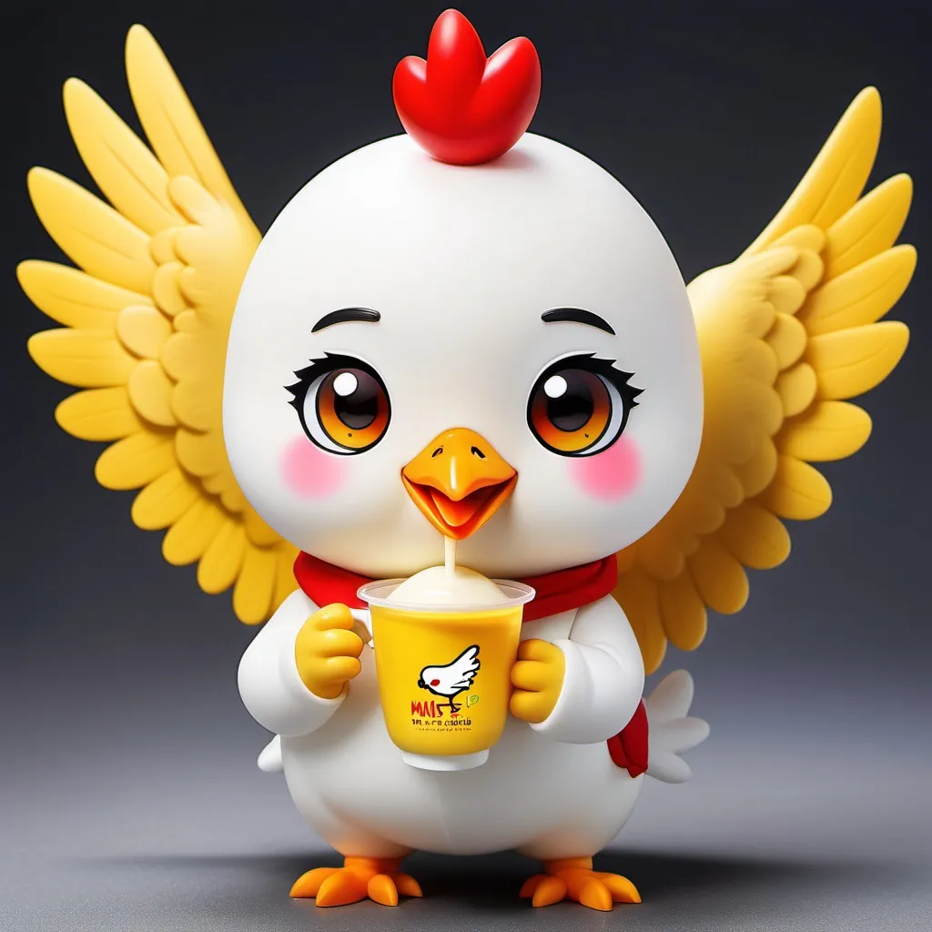 Prompt: a cute anime girl mascot white chicken in a yellow wings with a red cheeks holding and drinking a milk tea on her right yellow wings in a transparent milk tea cup with a black pearl on it with a red logo Milktea