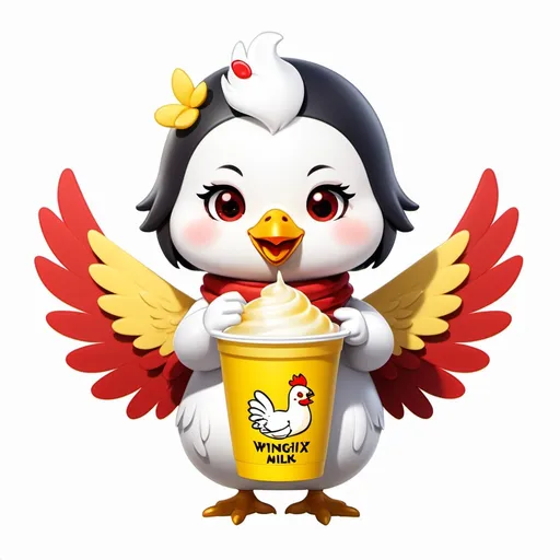 Prompt: a cute graphic design girl mascot white chicken in a yellow wings with a red cheeks holding and drinking a milk tea on her right yellow wings in a transparent milk tea cup with a black pearl on it with a red logo named WingChix & Tea