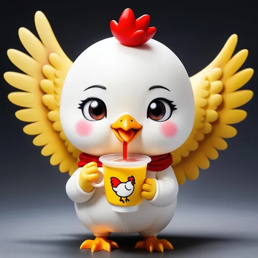 Prompt: a cute anime girl mascot white chicken in a yellow wings with a red cheeks holding and drinking a milk tea on her right yellow wings in a transparent milk tea cup with a black pearl on it with a red logo Milktea