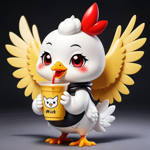 Prompt: a cute anime girl mascot white chicken in a yellow wings with a red cheeks holding and drinking a milk tea on her right yellow wings in a transparent milk tea cup with a black pearl on it with a red logo named WingChix & Tea