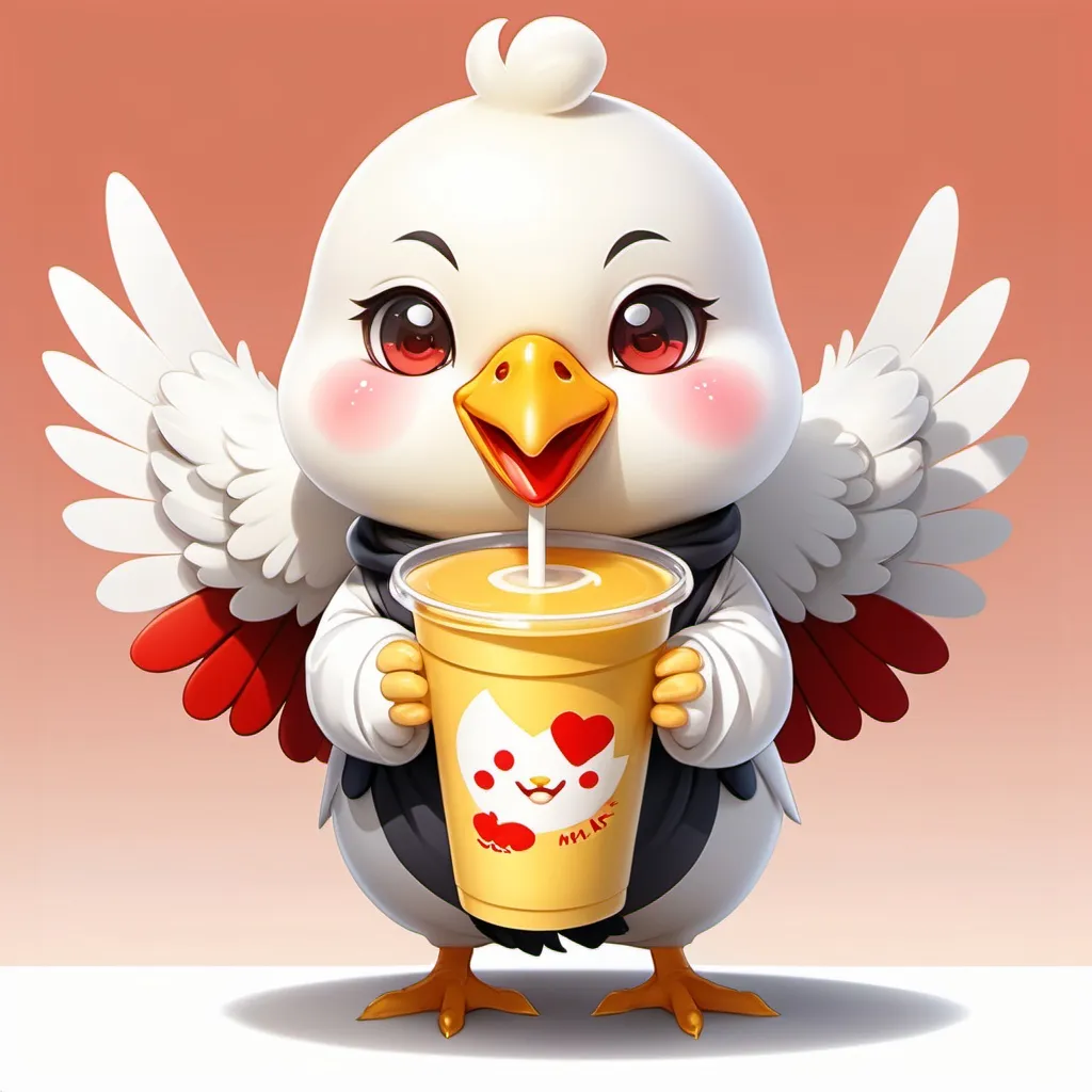 Prompt: a cute anime girl mascot white chicken in a yellow wings with a red cheeks holding and drinking a milk tea on her right yellow wings in a transparent milk tea cup with a black pearl on it with a red logo Milktea