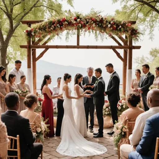 Prompt: A traditional wedding ceremony with a couple exchanging rings, surrounded by family and friends. There are decorations like flowers, lanterns, and a large banquet table.
