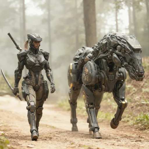 Prompt: the samarai and horse are walking towards the camera