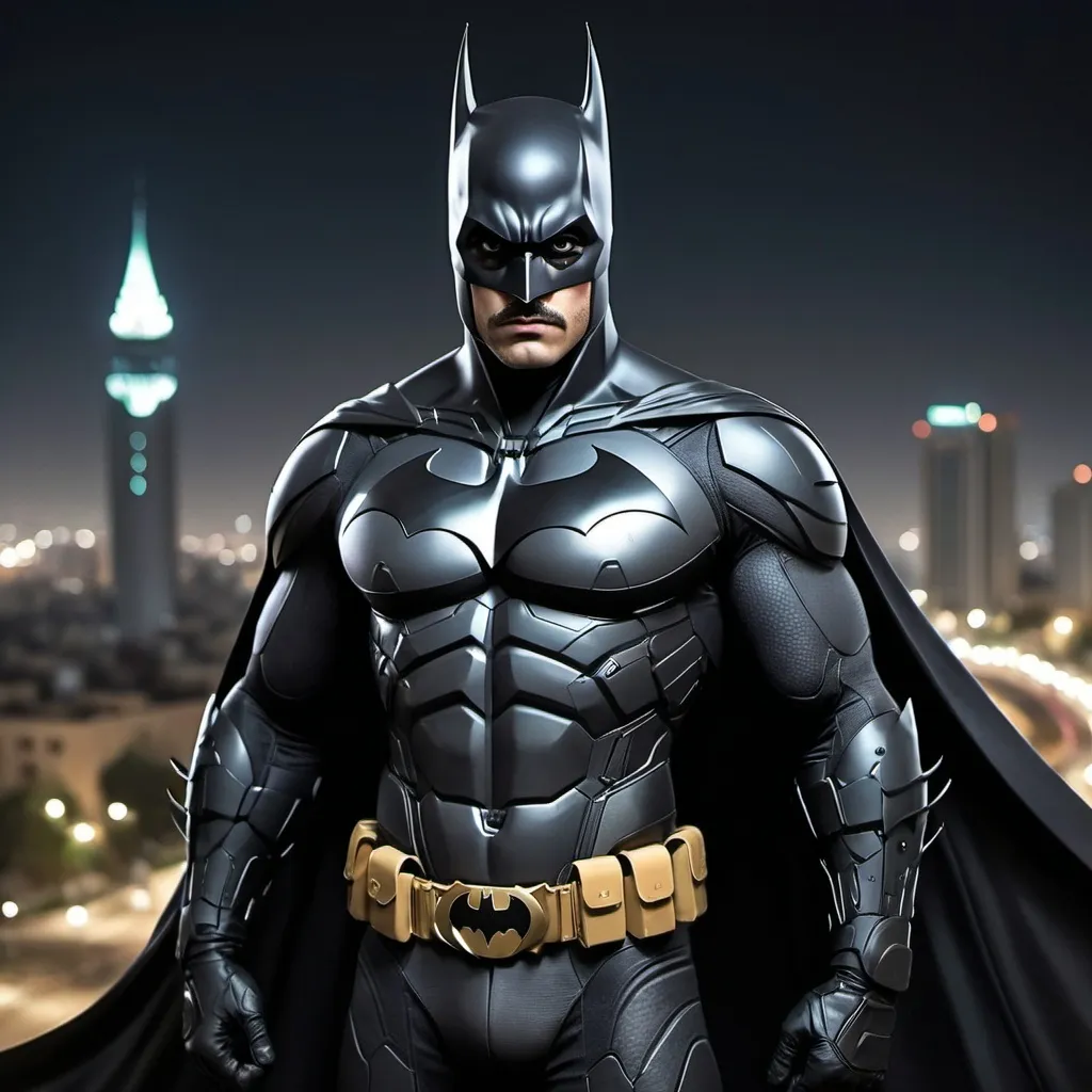 Prompt: (batman who lives in persia in year 2086), he is 26 years old, his body is muscular, his eyes are brown, his hair is dark black, his heigh is 1.86 meter,  his suit is technologycal, he has mustache and whisker, he shows himself in new tehran nights