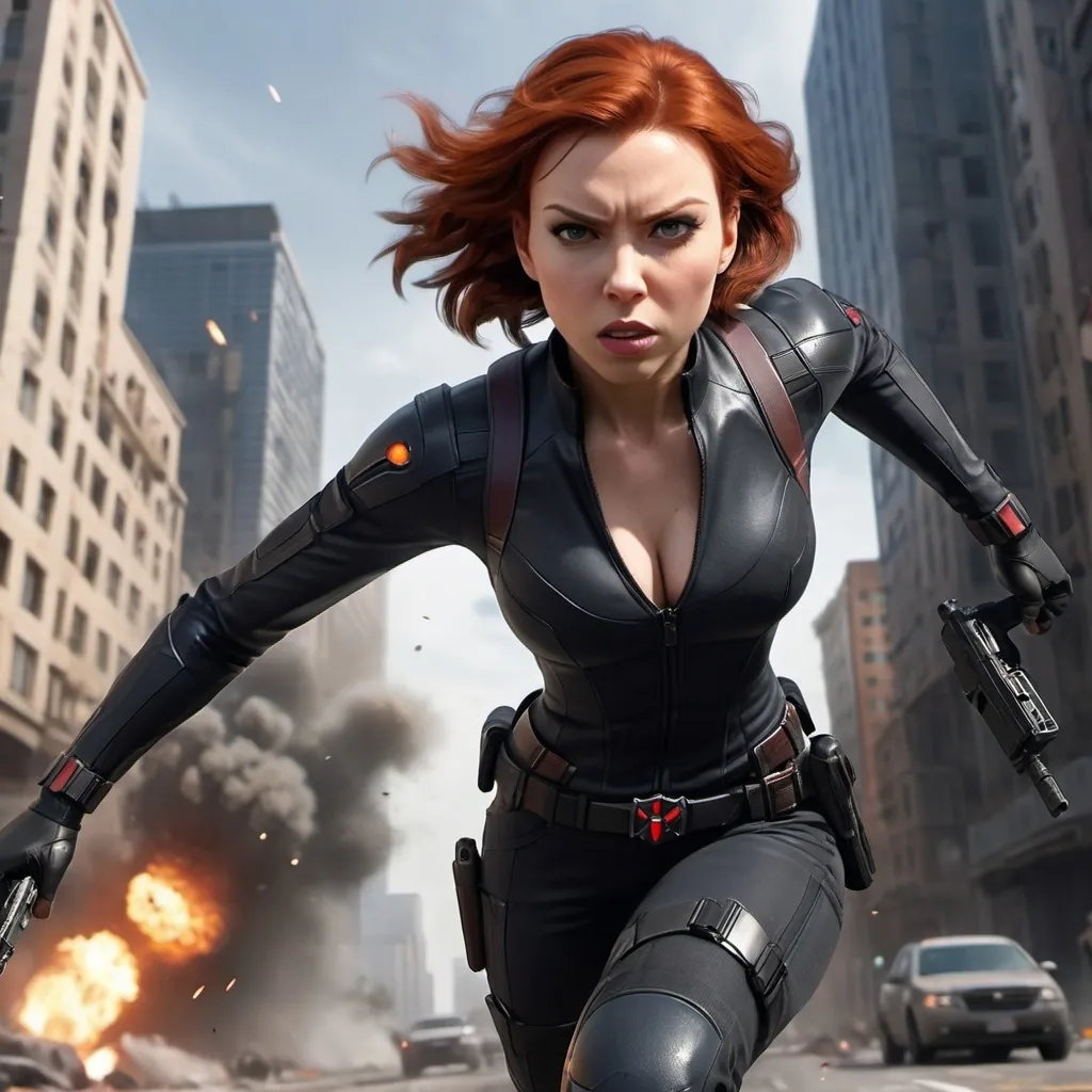 Prompt: A dynamic scene of a female character resembling Black Widow, rendered in the style of high-quality, realistic graphics. She has short red hair and is running towards the viewer, in sharp focus, with motion blur on the sides to emphasize her speed. The background depicts a detailed city setting with tall buildings, realistic lighting, and explosions in the distance, creating an intense action-packed atmosphere. The character is wearing a sleek, tactical outfit with weapons holstered on her thighs, and has a determined expression. She has full, sensual lips, large and expressive eyes, and well-proportioned, symmetrical facial features. A-I-A Style