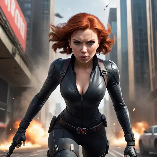 Prompt: A dynamic scene of a female character resembling Black Widow, rendered in the style of high-quality, realistic graphics. She has short red hair and is running towards the viewer, in sharp focus, with motion blur on the sides to emphasize her speed. The background depicts a detailed city setting with tall buildings, realistic lighting, and explosions in the distance, creating an intense action-packed atmosphere. The character is wearing a sleek, tactical outfit with weapons holstered on her thighs, and has a determined expression. She has full, sensual lips, large and expressive eyes, and well-proportioned, symmetrical facial features. A-I-A Style