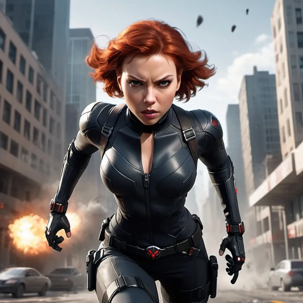 Prompt: A dynamic scene of a female character resembling Black Widow, rendered in the style of high-quality, realistic graphics. She has short red hair and is running towards the viewer, in sharp focus, with motion blur on the sides to emphasize her speed. The background depicts a detailed city setting with tall buildings, realistic lighting, and explosions in the distance, creating an intense action-packed atmosphere. The character is wearing a sleek, tactical outfit with weapons holstered on her thighs, and has a determined expression. She has full, sensual lips, large and expressive eyes, and well-proportioned, symmetrical facial features. A-I-A Style