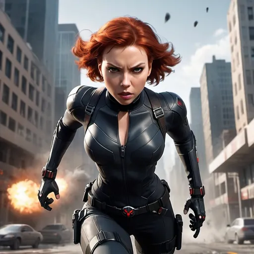 Prompt: A dynamic scene of a female character resembling Black Widow, rendered in the style of high-quality, realistic graphics. She has short red hair and is running towards the viewer, in sharp focus, with motion blur on the sides to emphasize her speed. The background depicts a detailed city setting with tall buildings, realistic lighting, and explosions in the distance, creating an intense action-packed atmosphere. The character is wearing a sleek, tactical outfit with weapons holstered on her thighs, and has a determined expression. She has full, sensual lips, large and expressive eyes, and well-proportioned, symmetrical facial features. A-I-A Style