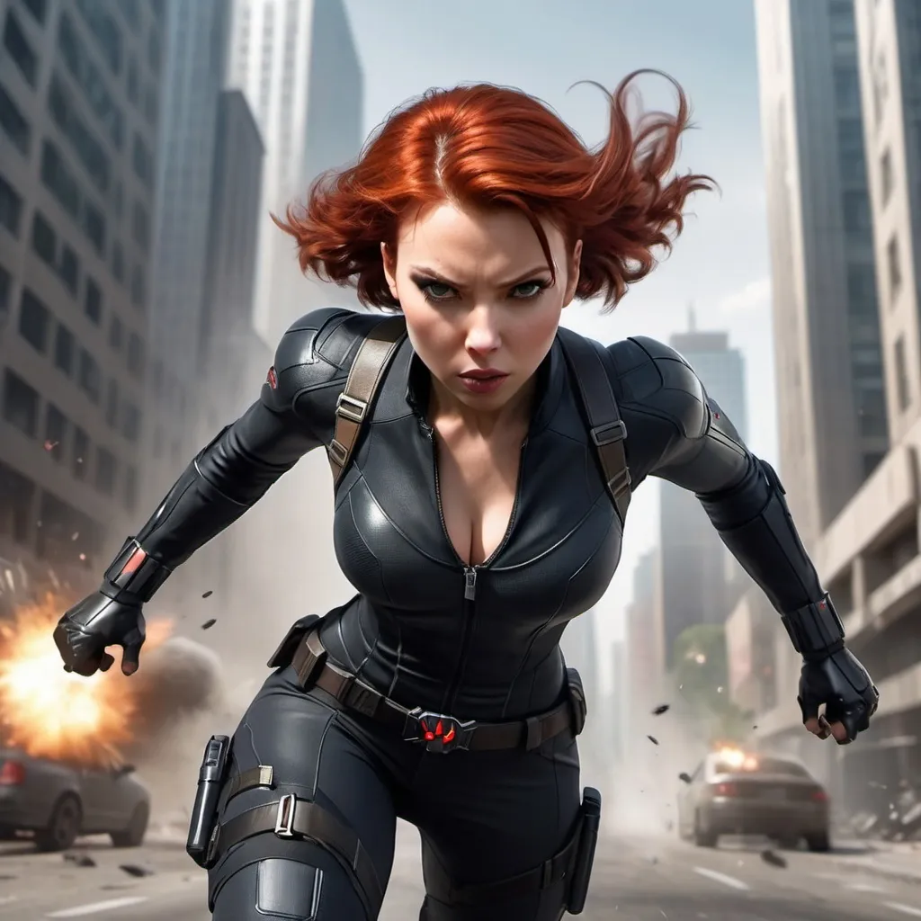 Prompt: A dynamic scene of a female character resembling Black Widow, rendered in the style of high-quality, realistic graphics. She has short red hair and is running towards the viewer, in sharp focus, with motion blur on the sides to emphasize her speed. The background depicts a detailed city setting with tall buildings, realistic lighting, and explosions in the distance, creating an intense action-packed atmosphere. The character is wearing a sleek, tactical outfit with weapons holstered on her thighs, and has a determined expression. She has full, sensual lips, large and expressive eyes, and well-proportioned, symmetrical facial features. A-I-A Style