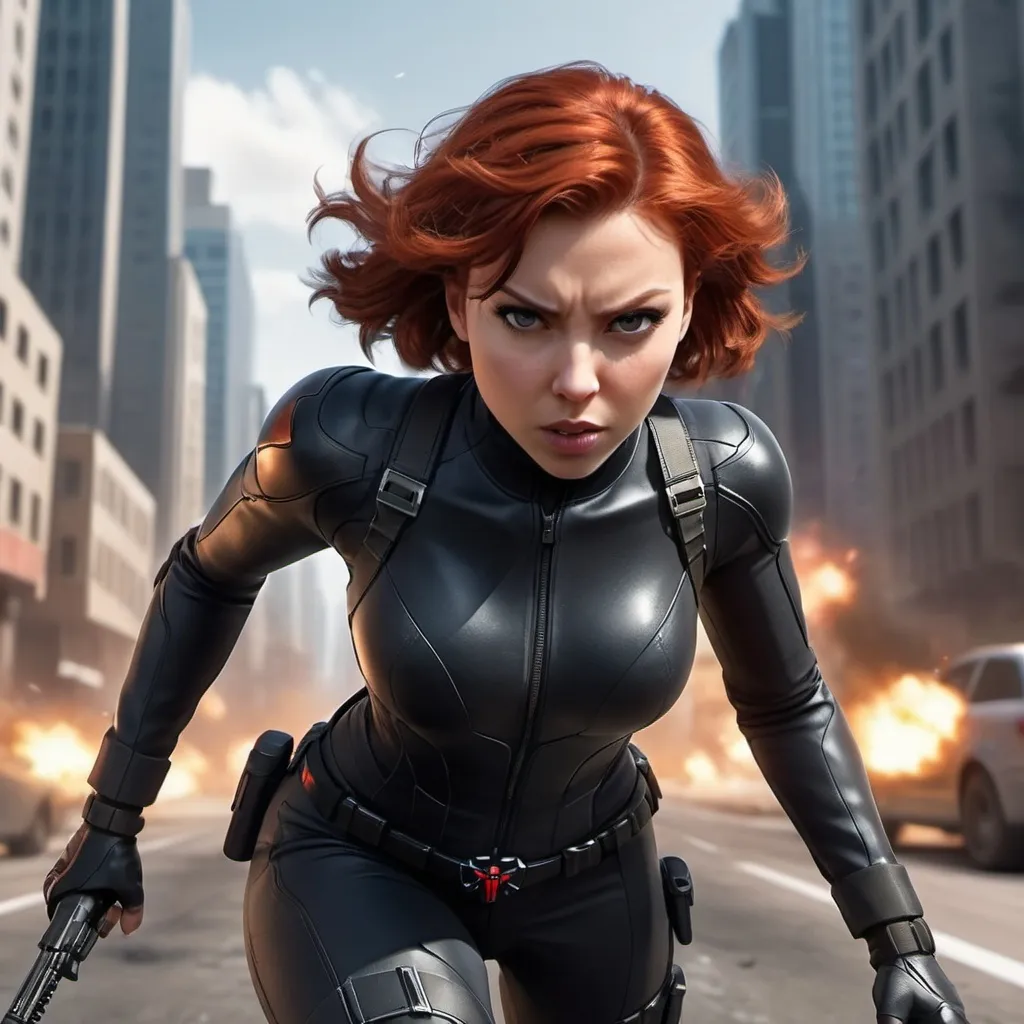 Prompt: A dynamic scene of a female character resembling Black Widow, rendered in the style of high-quality, realistic graphics. She has short red hair and is running towards the viewer, in sharp focus, with motion blur on the sides to emphasize her speed. The background depicts a detailed city setting with tall buildings, realistic lighting, and explosions in the distance, creating an intense action-packed atmosphere. The character is wearing a sleek, tactical outfit with weapons holstered on her thighs, and has a determined expression. She has full, sensual lips, large and expressive eyes, and well-proportioned, symmetrical facial features. A-I-A Style