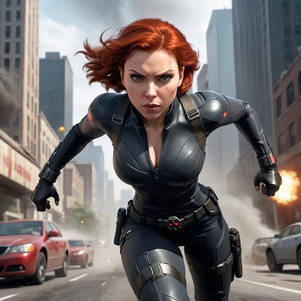 Prompt: A dynamic scene of a female character resembling Black Widow, rendered in the style of high-quality, realistic graphics. She has short red hair and is running towards the viewer, in sharp focus, with motion blur on the sides to emphasize her speed. The background depicts a detailed city setting with tall buildings, realistic lighting, and explosions in the distance, creating an intense action-packed atmosphere. The character is wearing a sleek, tactical outfit with weapons holstered on her thighs, and has a determined expression. She has full, sensual lips, large and expressive eyes, and well-proportioned, symmetrical facial features. A-I-A Style