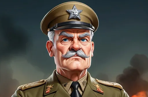 Prompt: Make World War Two general in cartoon combat zone