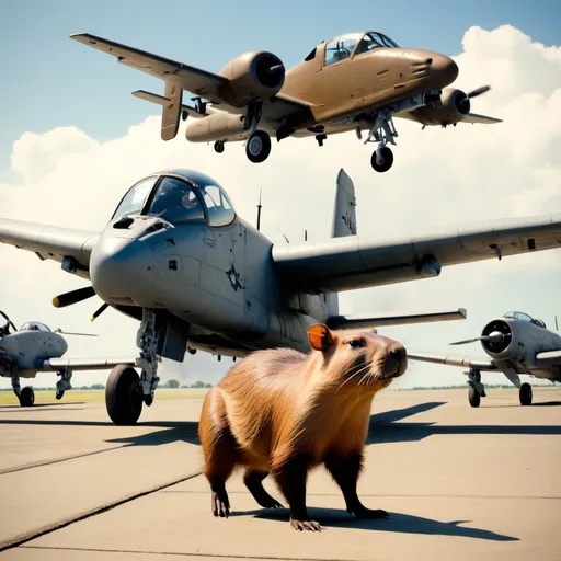 Prompt: A capybara boarding an A-10 warthog, vintage, historically accurate, other world war 2 planes in background, vintage, nostalgia