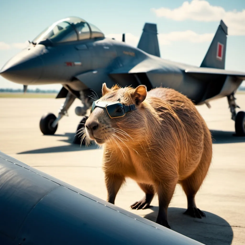 Prompt: Capybara next to fighter jet, top gun style, sunny, historically accurate, sharp image, vintage, nostalgic, epic, 4k image