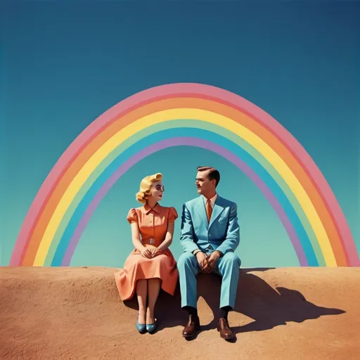 Prompt: realistic, vintage, retro-futurism, contour, couple sitting on a rainbow, clear blue skies, highres, detailed, vintage style, retro-futurism, vibrant colors, clear and bright, romantic atmosphere, futuristic-retro, professional, atmospheric lighting