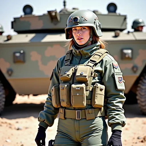 Prompt: (1980's female soldier) in a (realism style), wearing a detailed, vibrant-colored front line combat pressure suit, preparing to exit her (armored troop transport), conveying a sense of urgency and bravery. The background features a chaotic battlefield scene with dramatic lighting and vivid contrasts, highlighting the tension and impending danger, evoking strong emotions. This scene captures high intensity in a (4K, ultra-detailed) depiction.