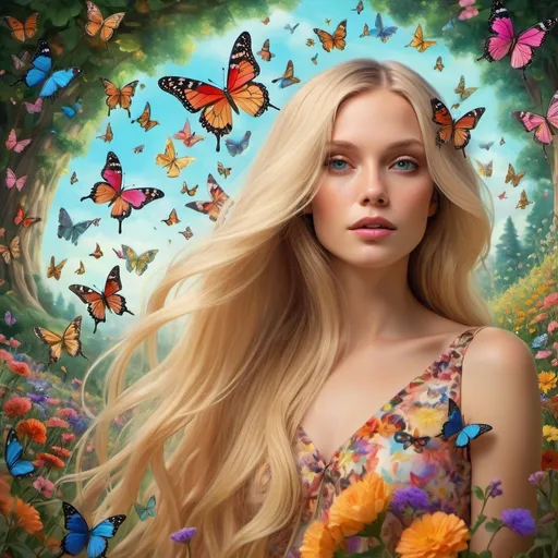 Prompt: a woman with long blonde hair surrounded by butterflies in a field of flowers and trees, with a butterfly - like background, David LaChapelle, magic realism, highly detailed digital painting, an airbrush painting