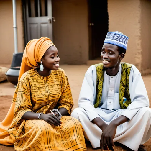 Prompt: A young Hausa woman sitting and chatting with her husband in their roop