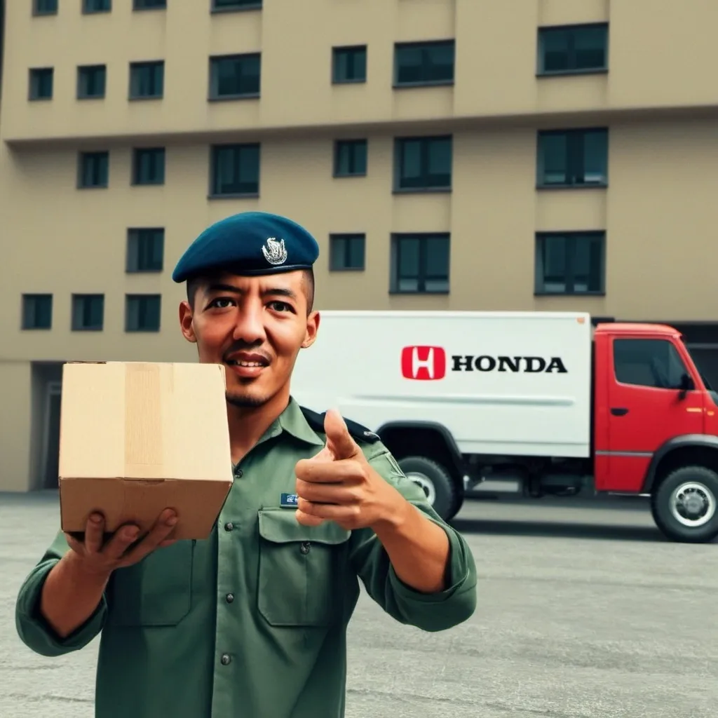 Prompt: The courier officer, with a smiling expression, held up a very tall and large number of cartons in both hands. In the background of the housing complex, there was a Honda Supra moped. Realistic. 3D. HD