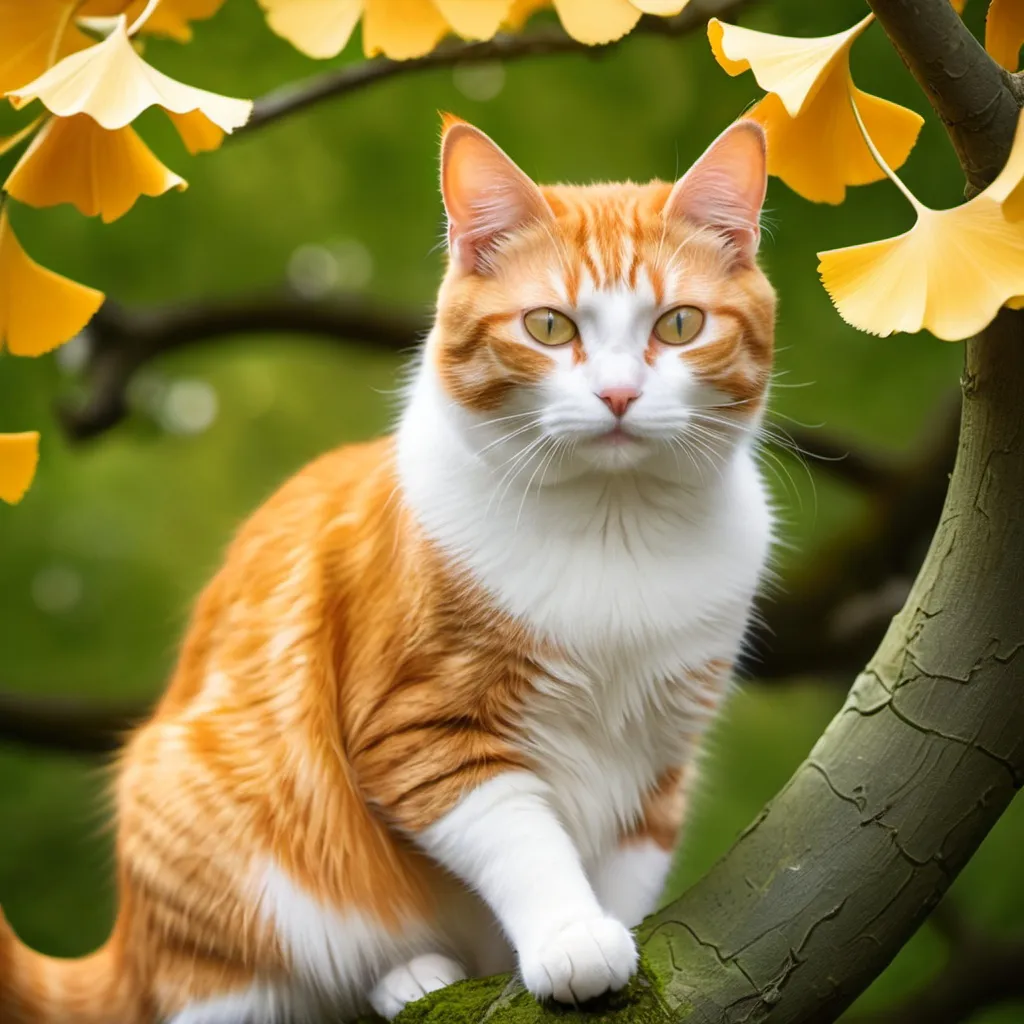 Prompt: orange and white cat in ginkgo tree