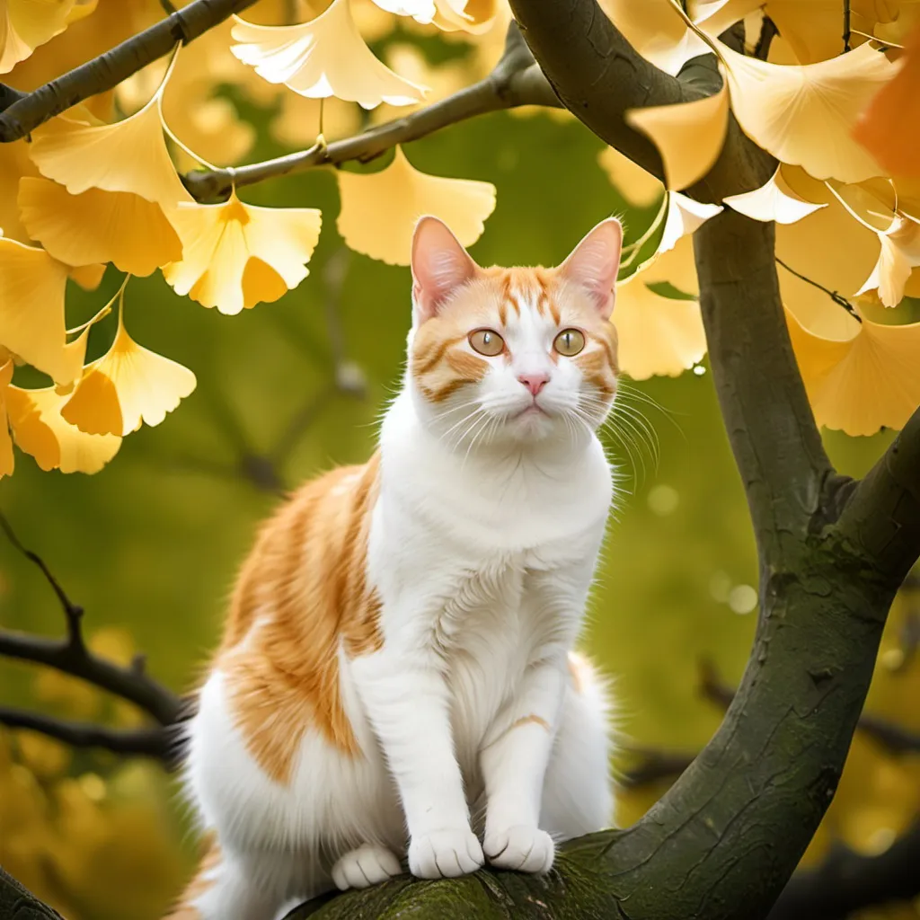 Prompt: orange and white cat in ginkgo tree