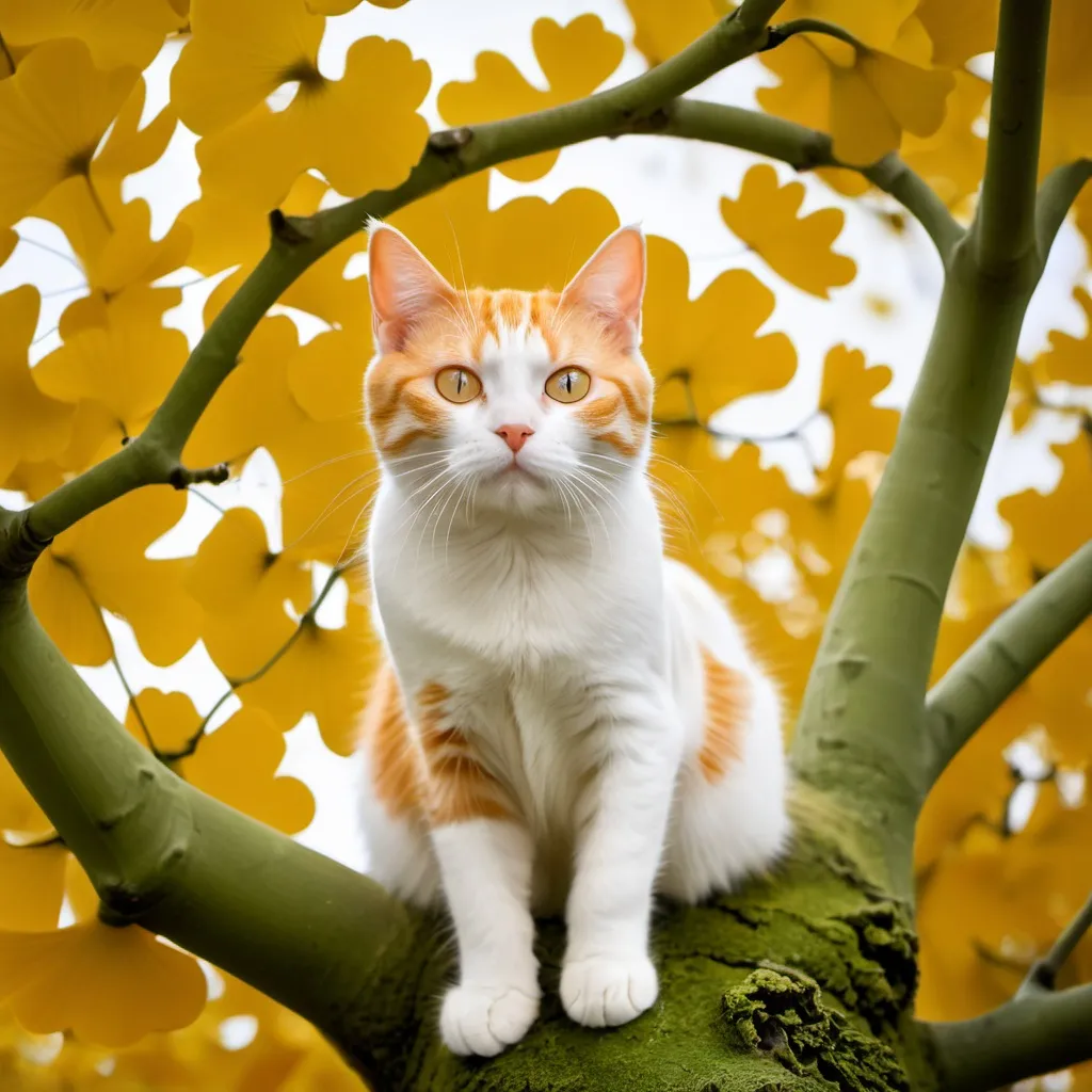 Prompt: orange and white cat in ginkgo tree