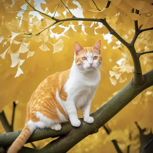 Prompt: orange and white cat in ginkgo tree