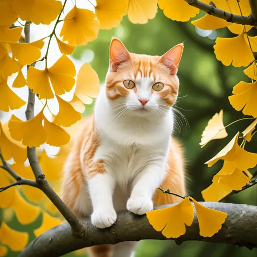 Prompt: orange and white cat in ginkgo tree