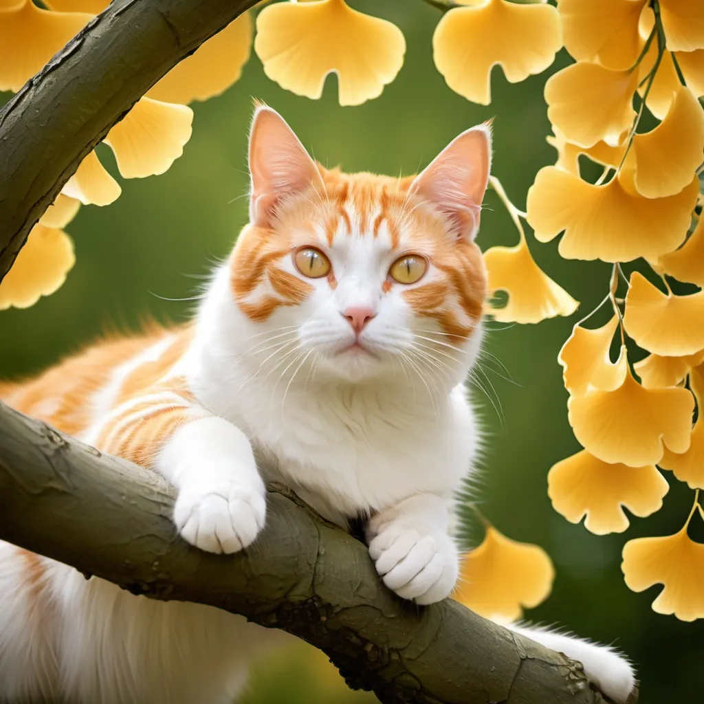 Prompt: orange and white cat in ginkgo tree