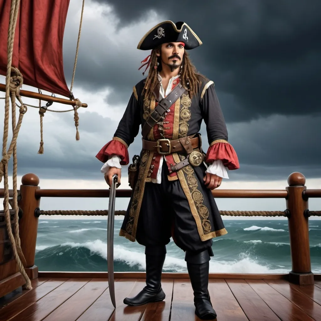 Prompt: High resolution realistic portrait of a 15th century Morisco pirate standing on the deck of a wooden pirate ship. He wears a pirate captain's uniform with Moroccan Andalusian motifs. With a background of stormy sea and sky full of dark clouds.