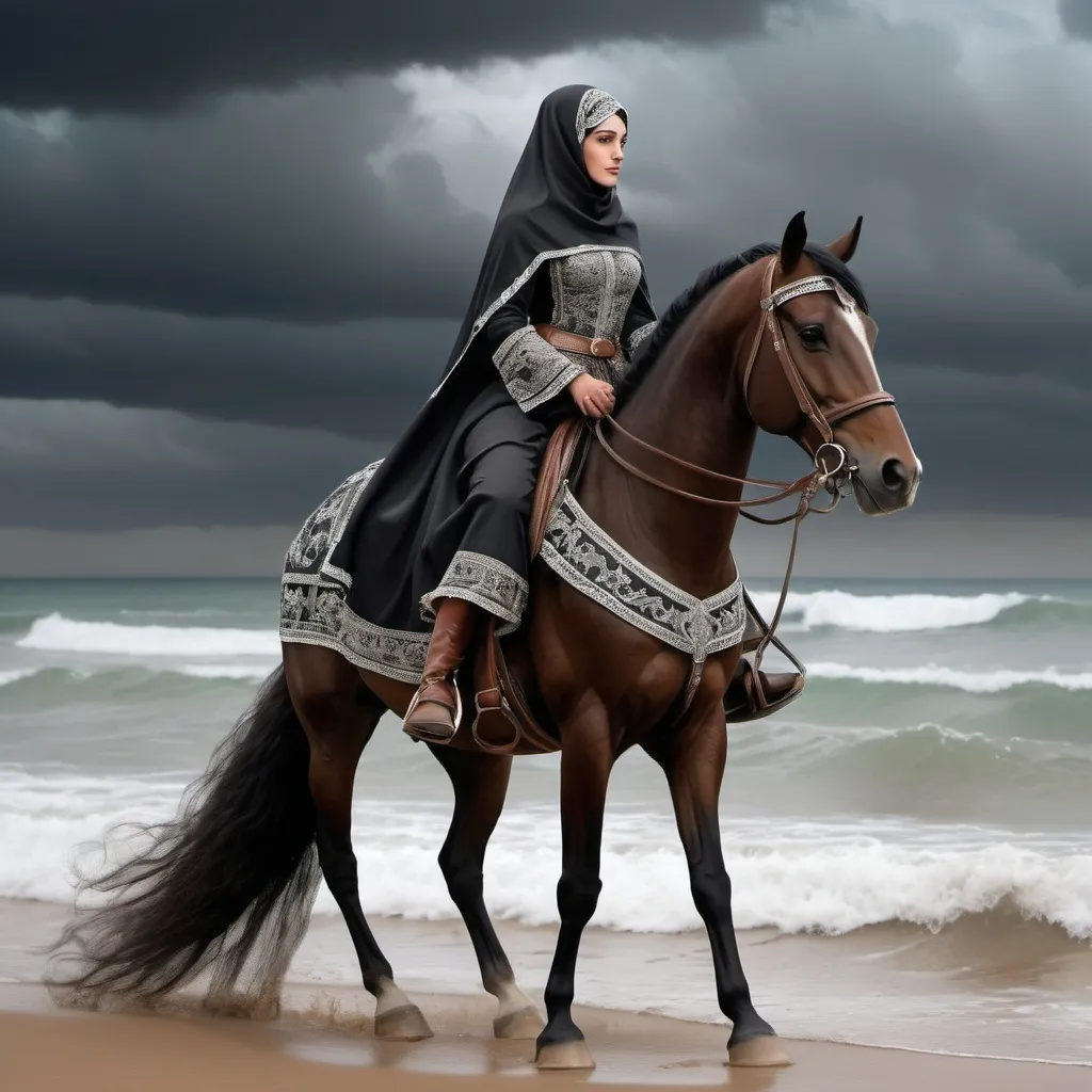 Prompt: A realistic, high-resolution image of the equestrian lady Hurra, the ruler of Tetouan, riding on the back of a purebred Moroccan Arabian horse, standing on its hind legs. She wears modest royal Andalusian leather clothes. In black embroidered with silver, she wears a veil that covers her head and throat. She draws her sword upward, holding the horse's reins tightly. With a background of stormy sea and sky full of dark clouds.