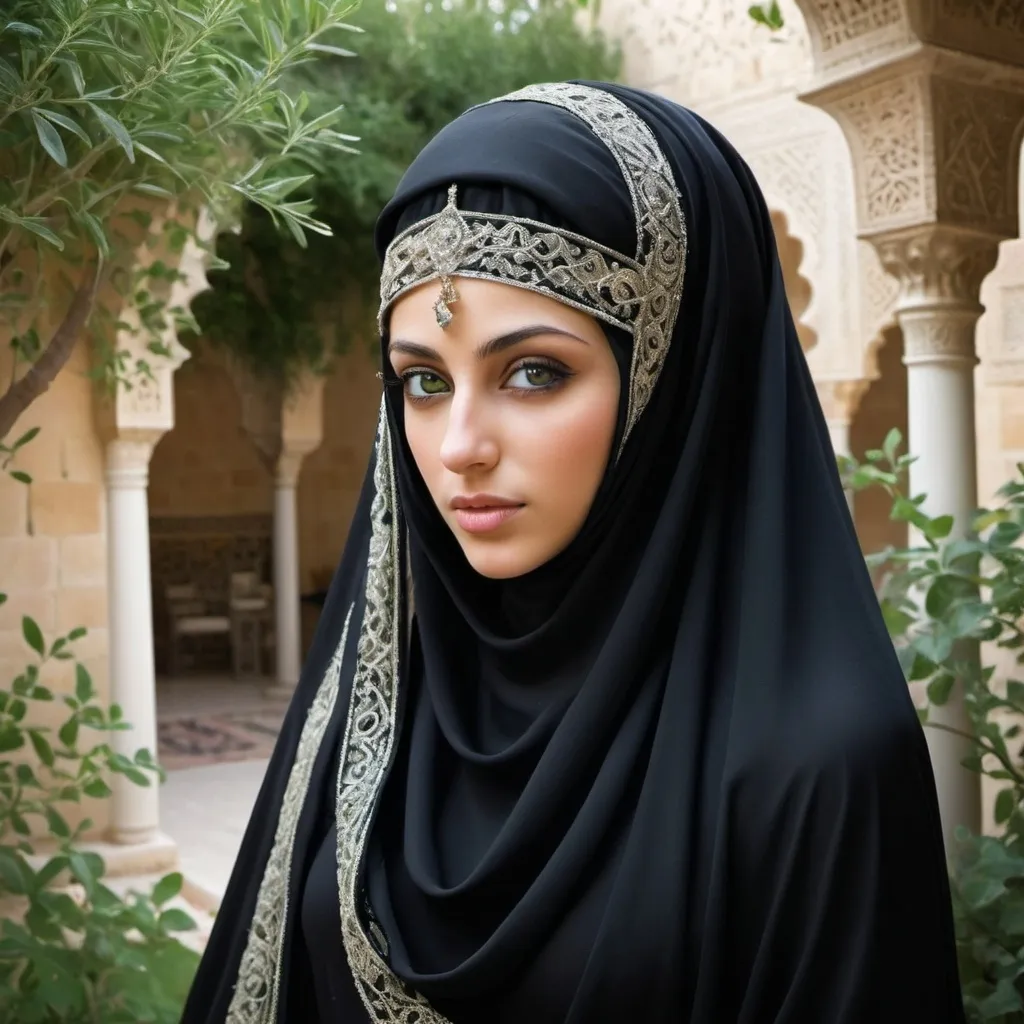 Prompt: A beautiful Arab princess from the 10th century AD. Her eyes are green. She wears elegant, modest black silk clothes, covers her head with a silver-embroidered veil, and covers her face with a thin, openwork niqab that reveals the beauty of her face. Overlooking a beautiful Andalusian garden.