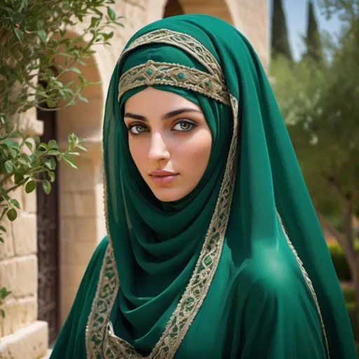 Prompt: A beautiful Arab princess from the 10th century AD. Her eyes are green. She wears elegant, modest silk clothes, covers her head with an embroidered veil, and covers her face with a thin, openwork niqab that reveals the beauty of her face. Overlooking a beautiful Andalusian garden.