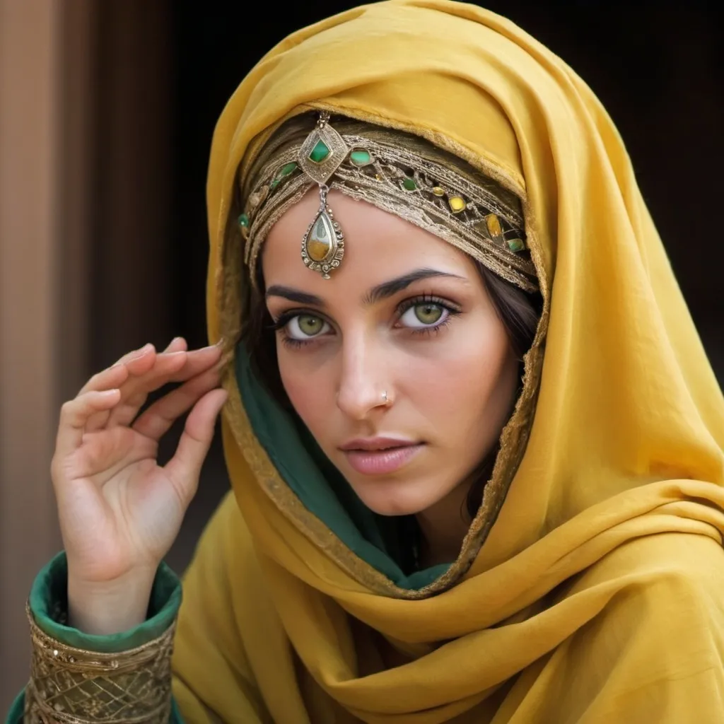 Prompt: A beautiful Moroccan Berber princess from the tenth century AD. Her eyes are green. She wears elegant, modest yellow silk clothes, covers her head and chest with an embroidered veil, adorns her head with beautiful Berber jewelry, and covers her face with a thin, openwork niqab that reveals the beauty of her face. Write some letters. She is holding a writing quill, and in front of her are books, papers, and an inkwell.