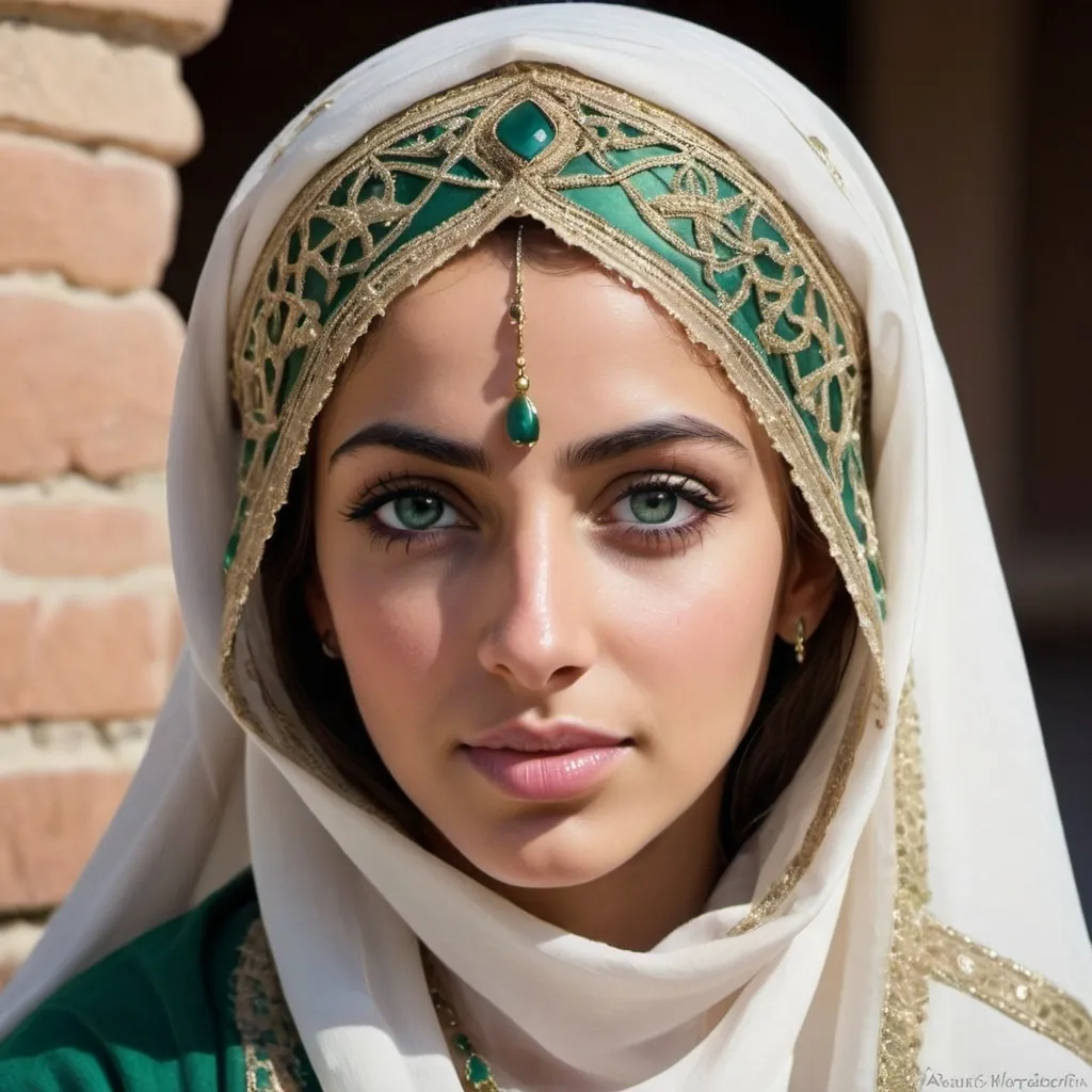 Prompt: A beautiful Arab princess from the 10th century AD. Her eyes are green. She wears elegant clothes of white silk embroidered in the Moroccan style, covers her head with an embroidered veil, and covers her face with a thin, openwork niqab that shows the beauty of her face. You write a message with a quill. In front of her, on a roof and books, there is an inkwell, papers, and books.