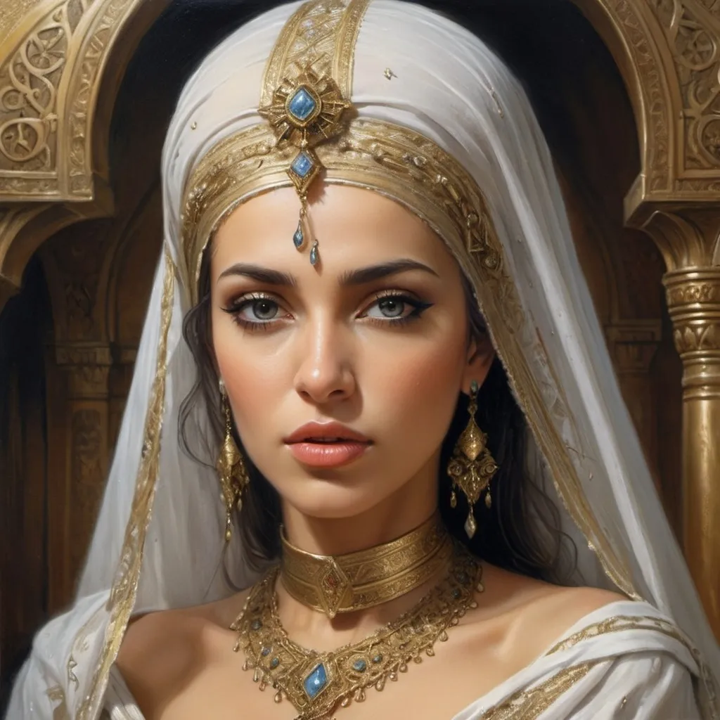 Prompt: A very realistic painting by Serge Marchennikov, Luis Royo, Carol Buck:: The elegant and distinguished Amazigh Princess Zeinab Nafzawi, dressed in luxurious royal Andalusian clothing, in a modest Islamic style. With golden decoration, a golden queen, and wearing a veil that covers her head, neck and chest. She walks into the Almoravid throne room. And everyone looks at it with envy:: 8K resolution, amazing details, a masterpiece, realism