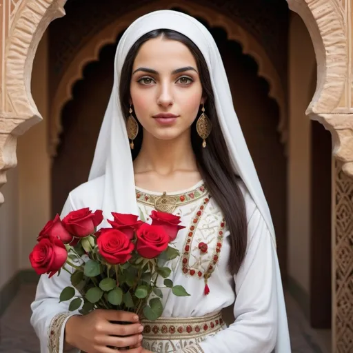 Prompt: An attractive young Arab Andalusian woman from the tenth century AD. White skin. She wears elegant and modest Arab-Islamic clothing. She cares for roses in a vase decorated in the Moroccan-Andalusian style.