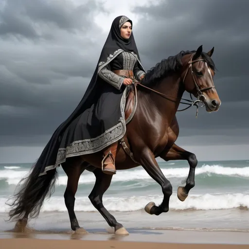 Prompt: A realistic, high-resolution image of the equestrian lady Hurra, the ruler of Tetouan, riding on the back of a purebred Moroccan Arabian horse, standing on its hind legs. She wears modest royal Andalusian leather clothes. In black embroidered with silver, she wears a veil that covers her head and throat. She draws her sword upward, holding the horse's reins tightly. With a background of stormy sea and sky full of dark clouds.