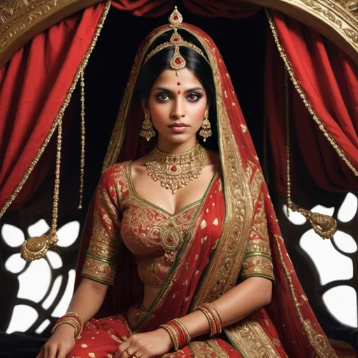 Prompt: Beautiful Indian princess. Her eyes are green. Dressed in luxurious silk, she is carried by four slaves in a luxurious howdah with red curtains embroidered with gold.