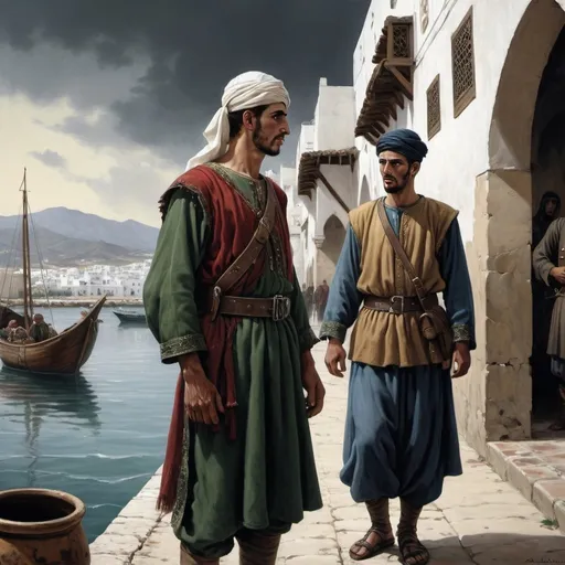 Prompt: A realistic picture of a soldier in the port of Tetouan from the fifteenth century AD. He offers water to one of the Andalusians displaced from Andalusia. They wear Arab-Andalusian clothes. . Dark shadows loom over their faces.